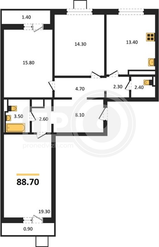 3-комнатная квартира, 88.7кв.м