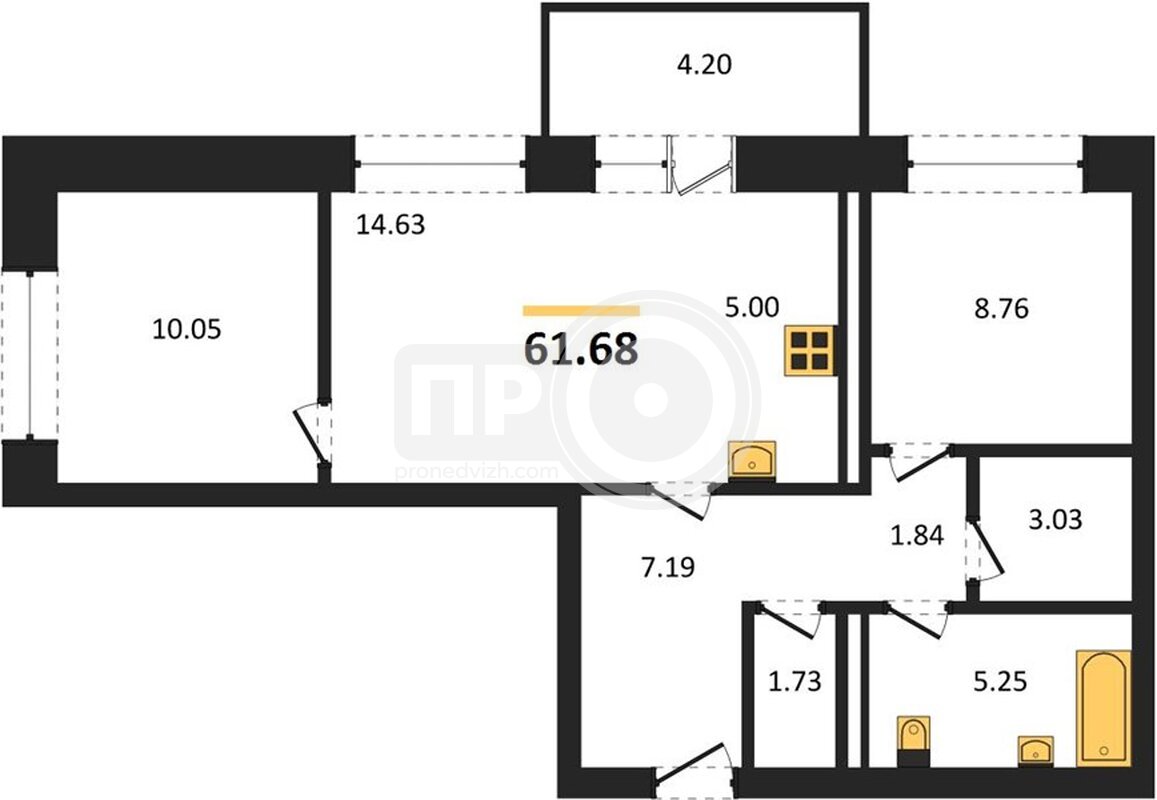 2-комнатная квартира, 61.68кв.м