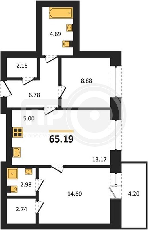 2-комнатная квартира, 65.19кв.м