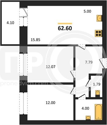 Миниатюра 2-комнатная квартира, 62.6кв.м