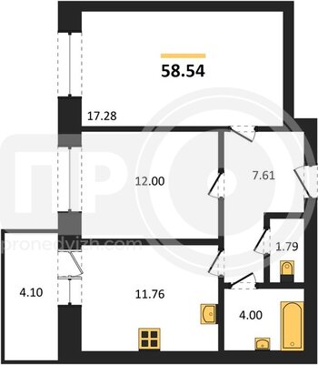 Миниатюра 2-комнатная квартира, 58.54кв.м