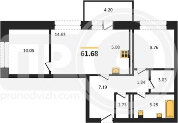 Миниатюра 2-комнатная квартира, 61.68кв.м