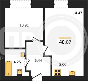 Миниатюра 1-комнатная квартира, 40.07кв.м