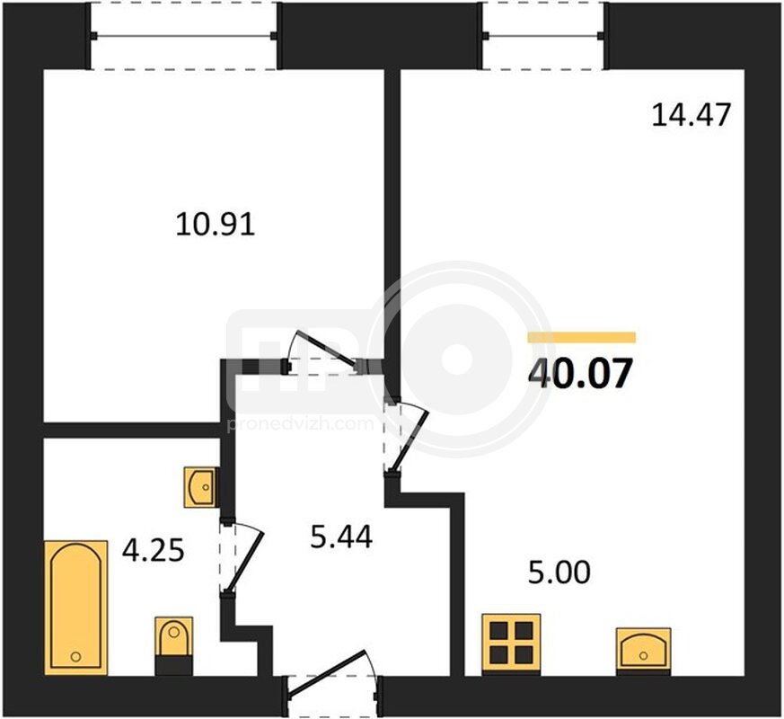 1-комнатная квартира, 40.07кв.м