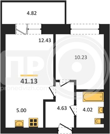 Миниатюра 1-комнатная квартира, 41.13кв.м