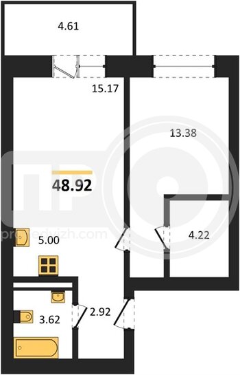 Миниатюра 1-комнатная квартира, 48.92кв.м