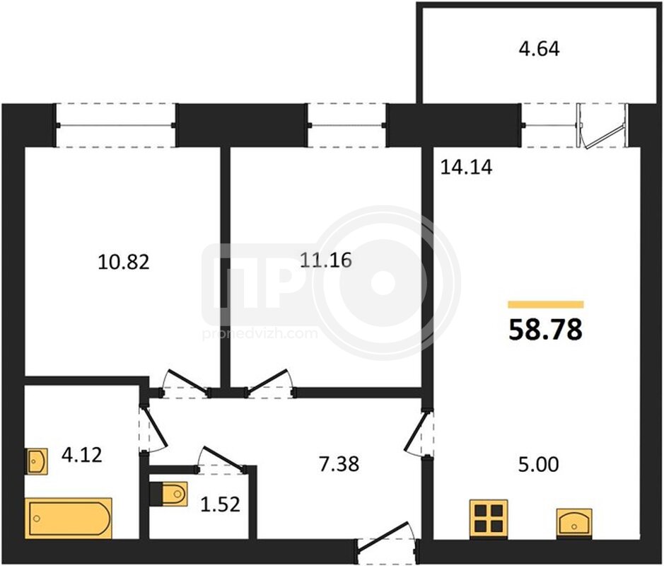 2-комнатная квартира, 58.78кв.м