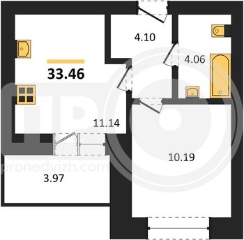 Миниатюра 1-комнатная квартира, 33.46кв.м