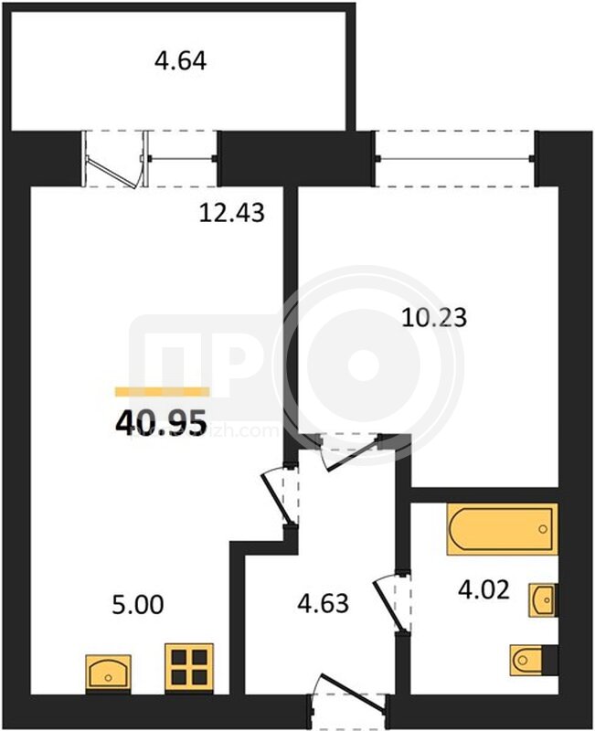 1-комнатная квартира, 40.95кв.м