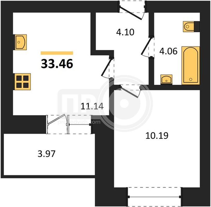 1-комнатная квартира, 33.46кв.м