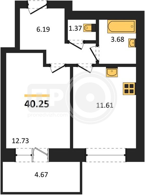 1-комнатная квартира, 40.25кв.м
