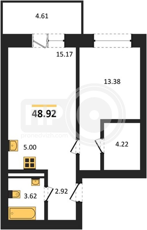1-комнатная квартира, 48.92кв.м