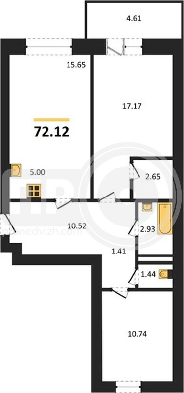 2-комнатная квартира, 72.12кв.м
