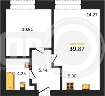 Миниатюра 1-комнатная квартира, 39.87кв.м
