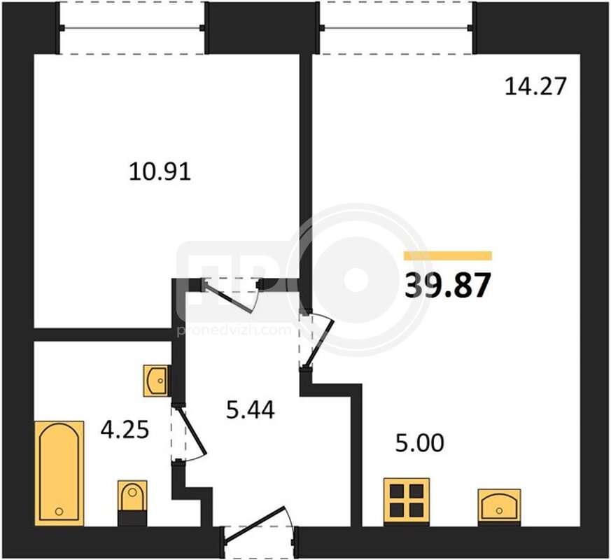 1-комнатная квартира, 39.87кв.м
