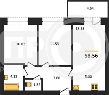 Миниатюра 2-комнатная квартира, 58.56кв.м