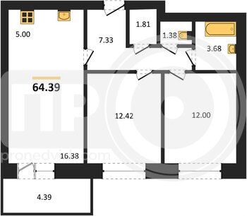 Миниатюра 2-комнатная квартира, 64.39кв.м