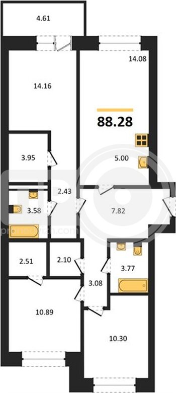 Миниатюра 3-комнатная квартира, 88.28кв.м
