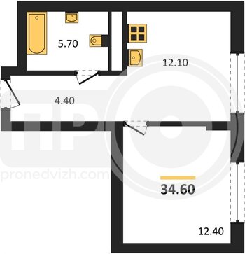 Миниатюра 1-комнатная квартира, 34.6кв.м