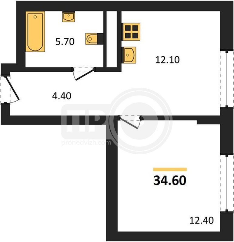 1-комнатная квартира, 34.6кв.м
