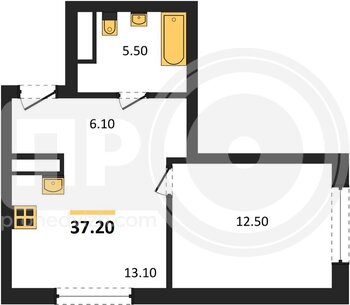Миниатюра 1-комнатная квартира, 37.2кв.м
