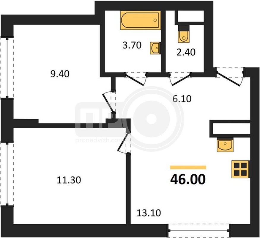 2-комнатная квартира, 46кв.м