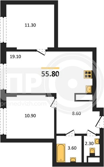 Миниатюра 2-комнатная квартира, 55.8кв.м