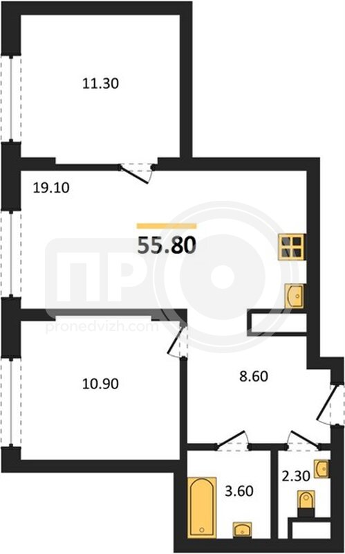 2-комнатная квартира, 55.8кв.м