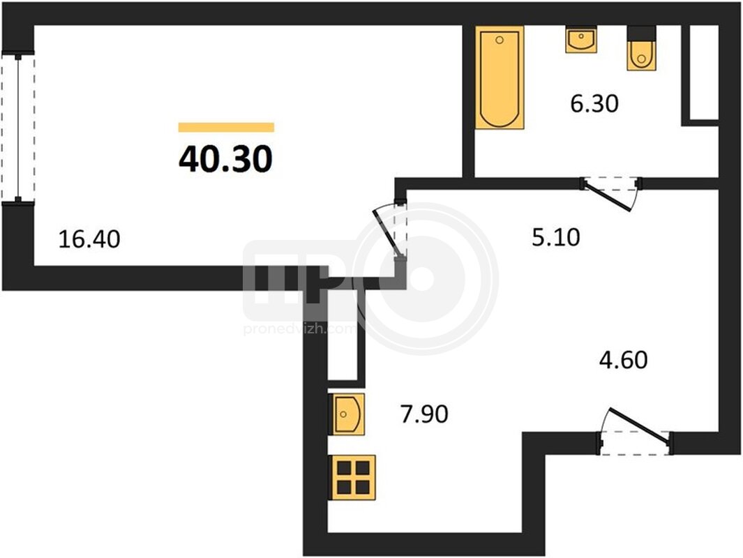 1-комнатная квартира, 40.3кв.м