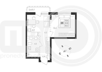 Миниатюра 2-комнатная квартира, 34.5кв.м