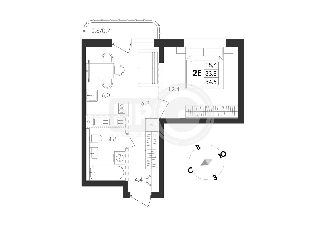 2-комнатная квартира, 34.5кв.м