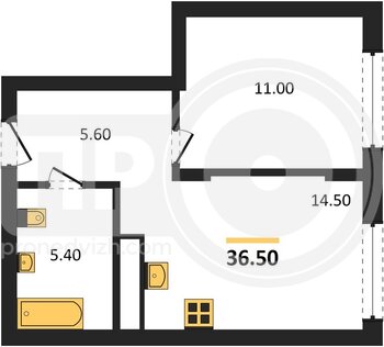 Миниатюра 1-комнатная квартира, 36.5кв.м