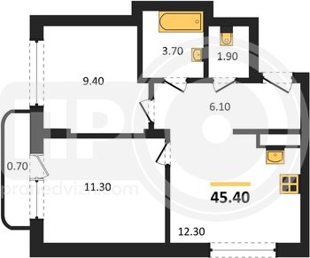 Миниатюра 2-комнатная квартира, 45.4кв.м