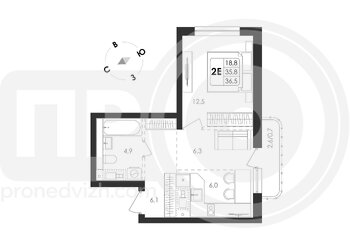 Миниатюра 2-комнатная квартира, 38.2кв.м