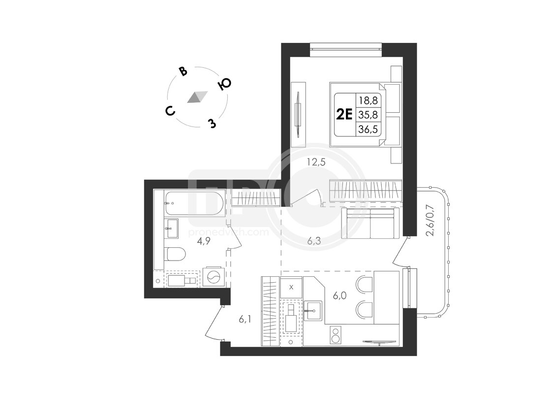 2-комнатная квартира, 38.2кв.м