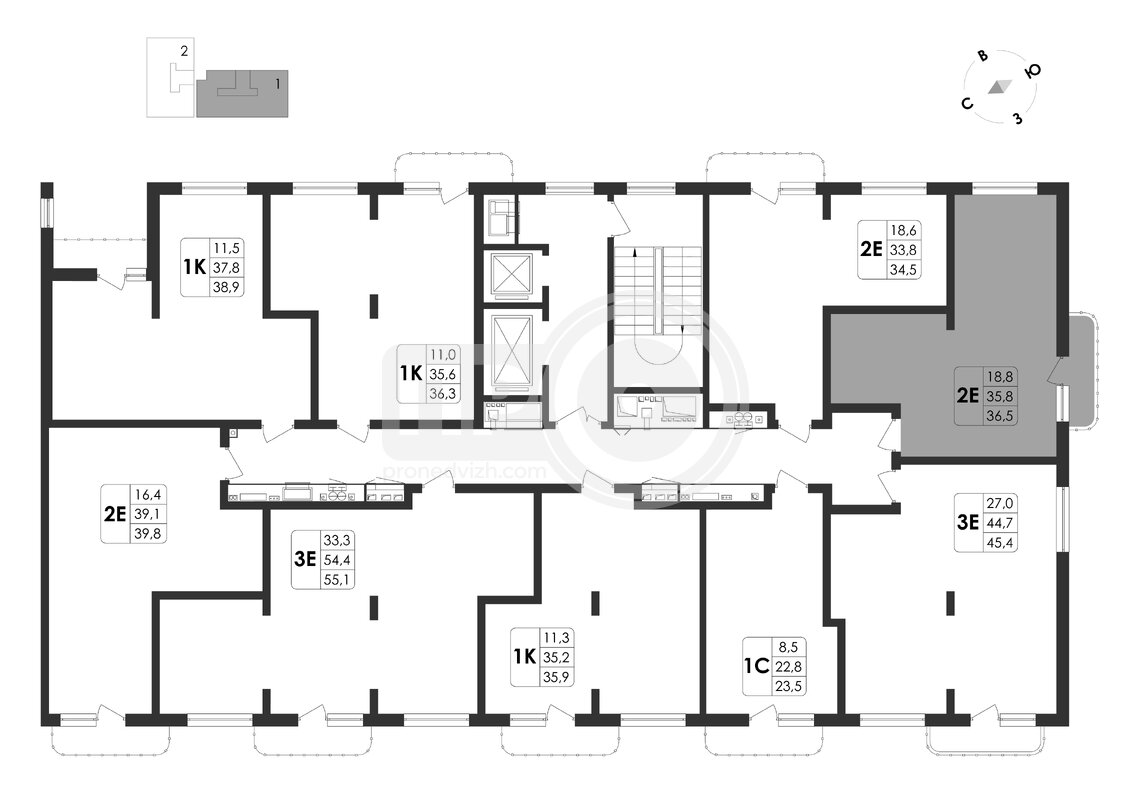 2-комнатная квартира, 38.2кв.м