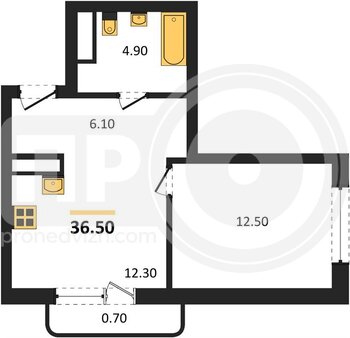 Миниатюра 1-комнатная квартира, 36.5кв.м