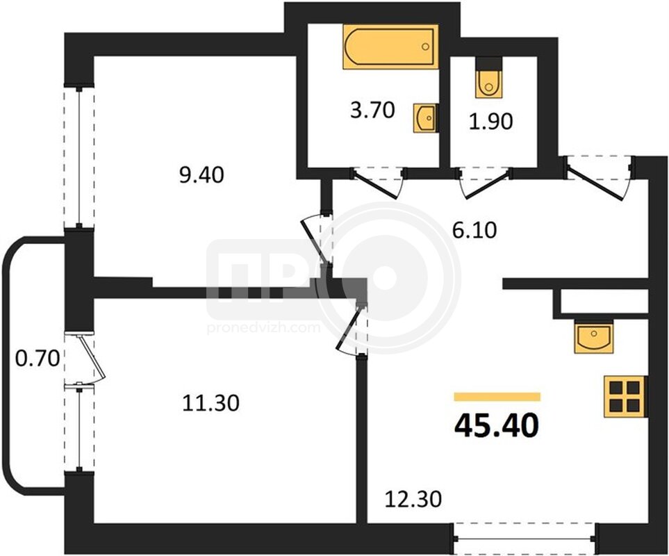 2-комнатная квартира, 45.4кв.м