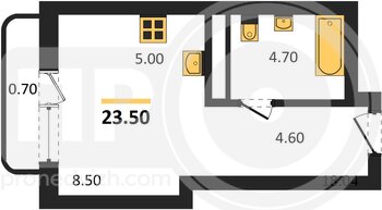Миниатюра 1-комнатная квартира, 23.5кв.м