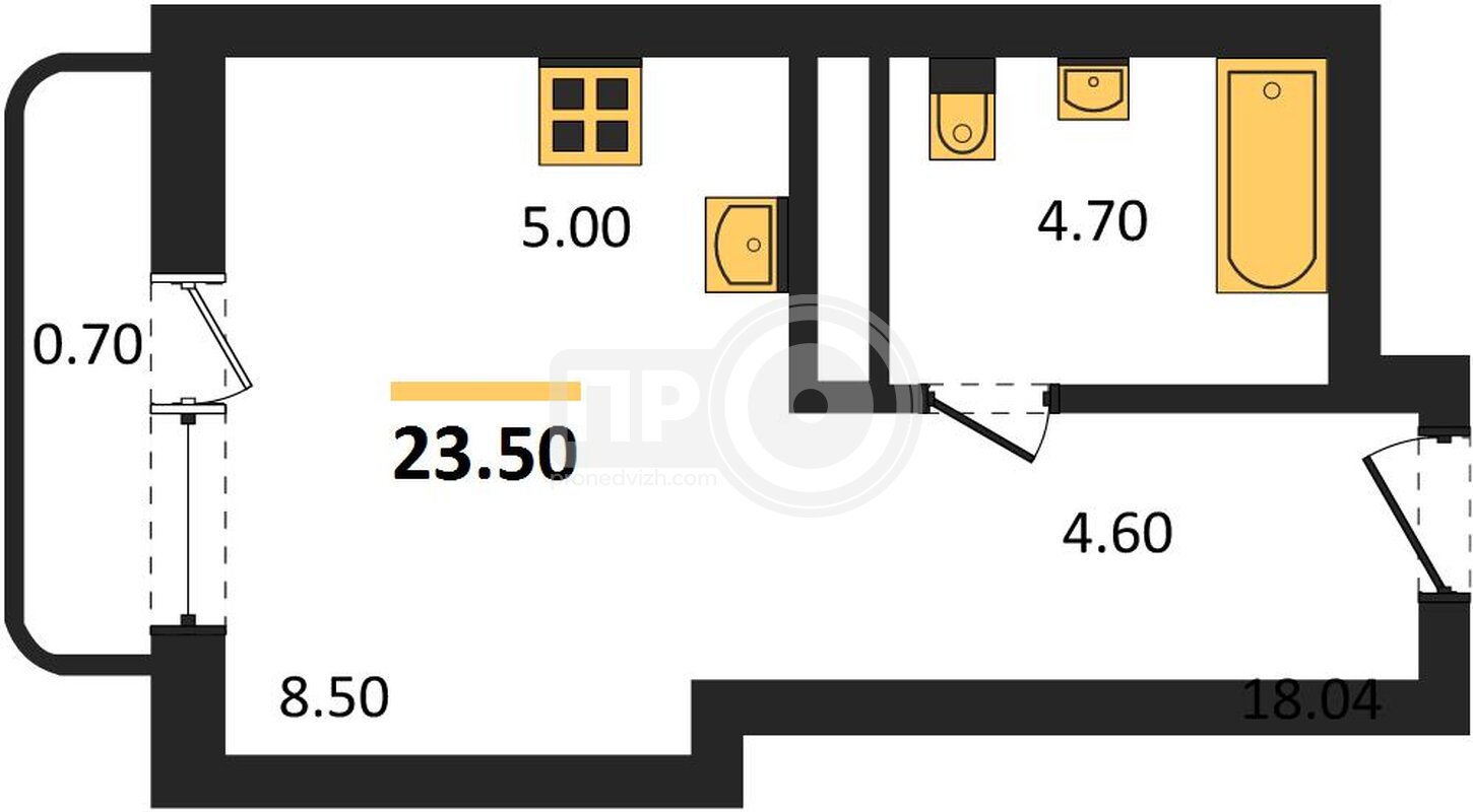 1-комнатная квартира, 23.5кв.м