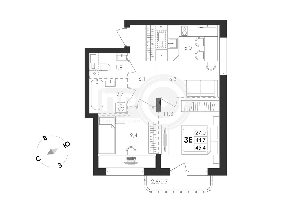 4-комнатная квартира, 68.5кв.м