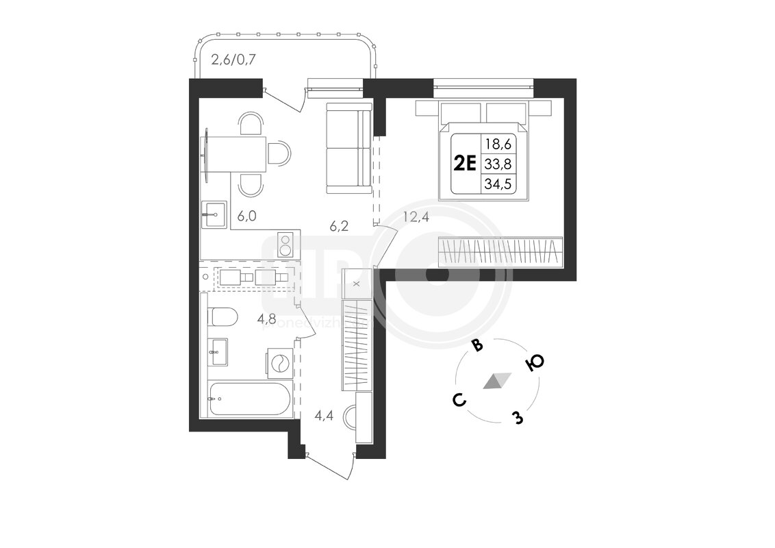 2-комнатная квартира, 34.5кв.м