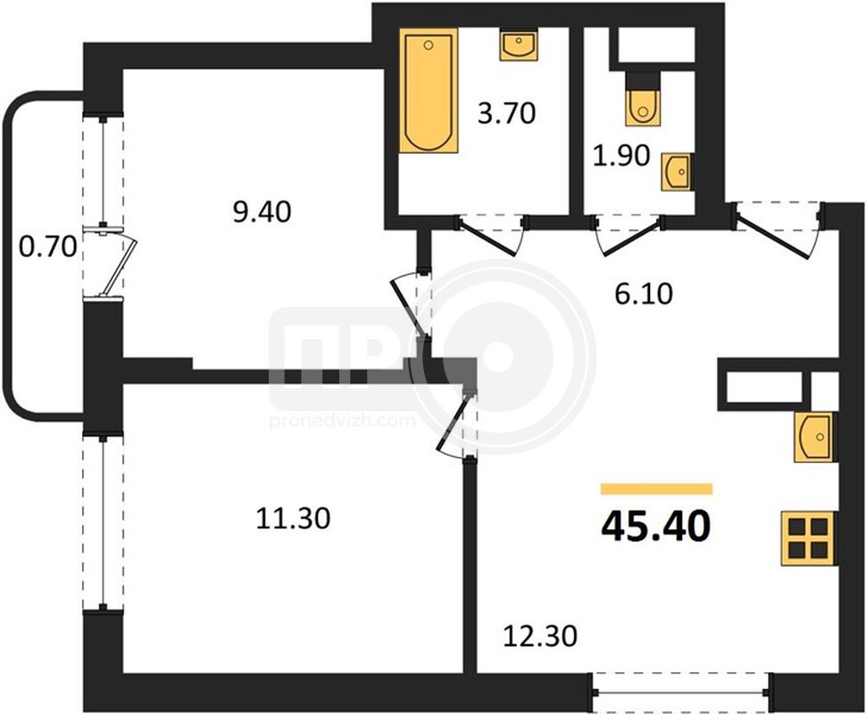 2-комнатная квартира, 45.4кв.м