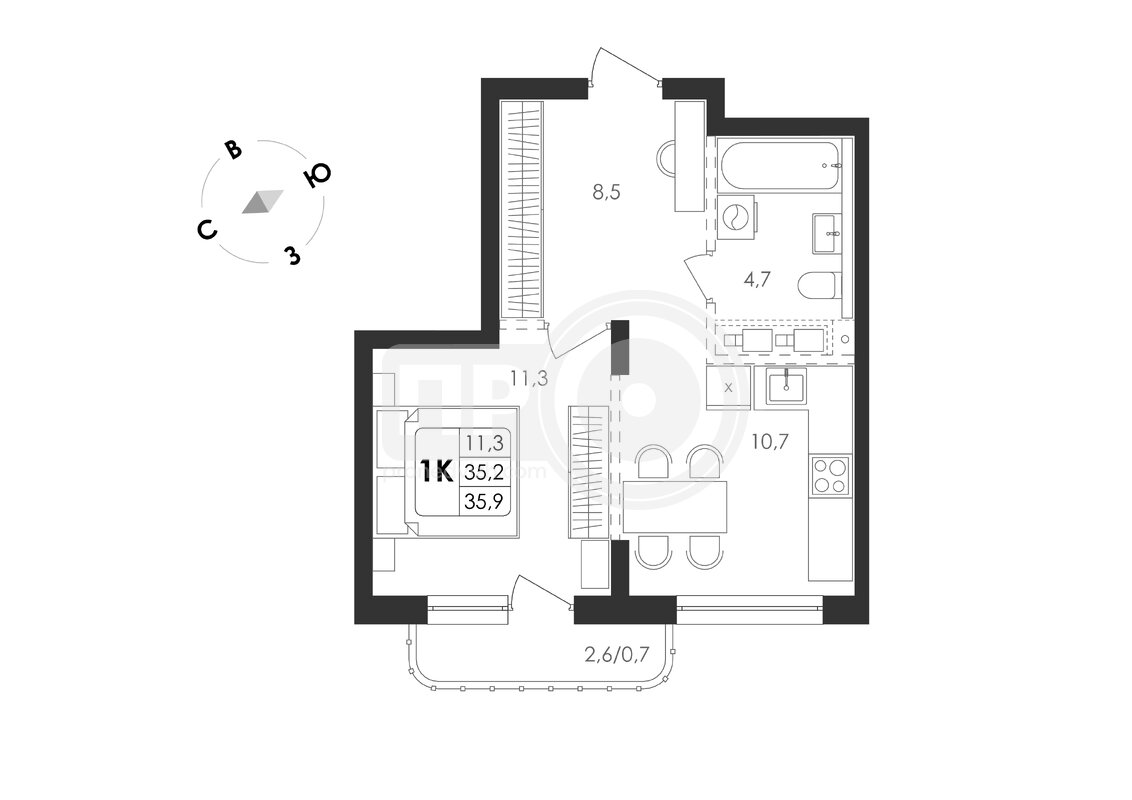 2-комнатная квартира, 34.5кв.м