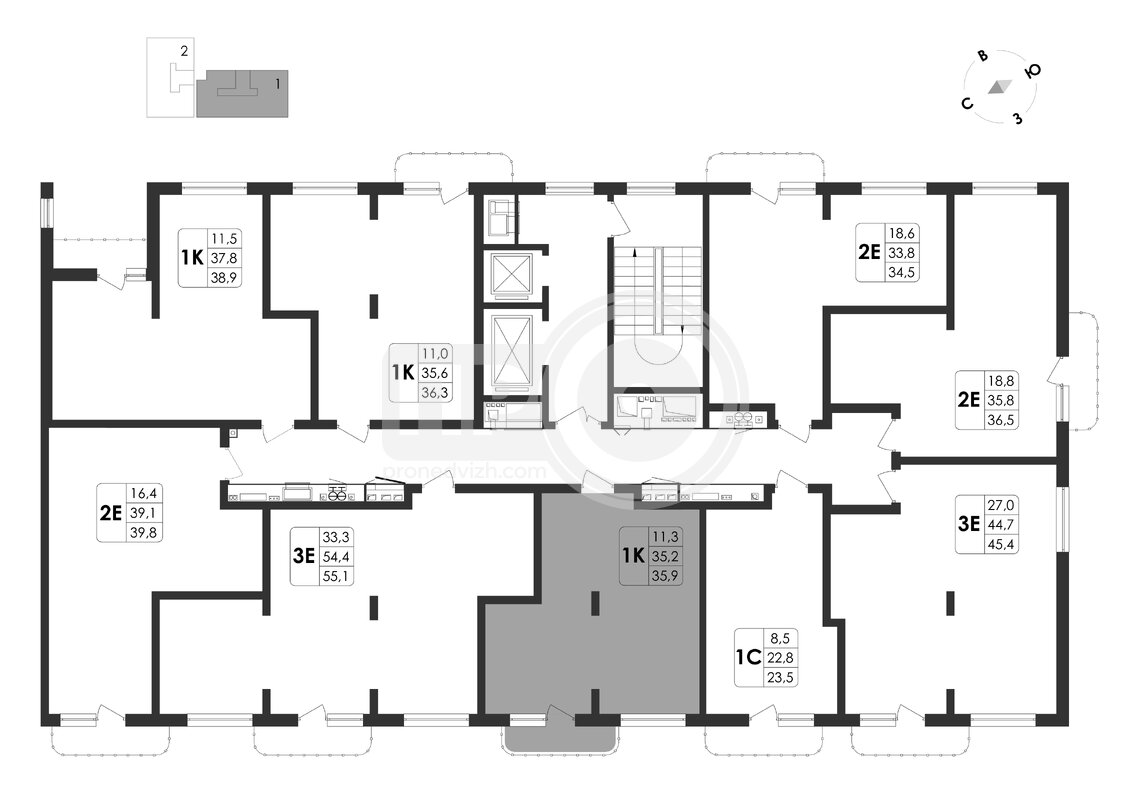 3-комнатная квартира, 55.1кв.м