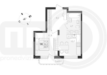 Миниатюра 3-комнатная квартира, 55.1кв.м