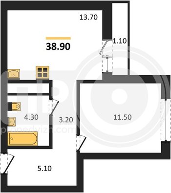Миниатюра 1-комнатная квартира, 38.9кв.м