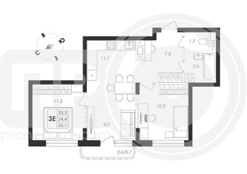 Миниатюра 2-комнатная квартира, 39.8кв.м