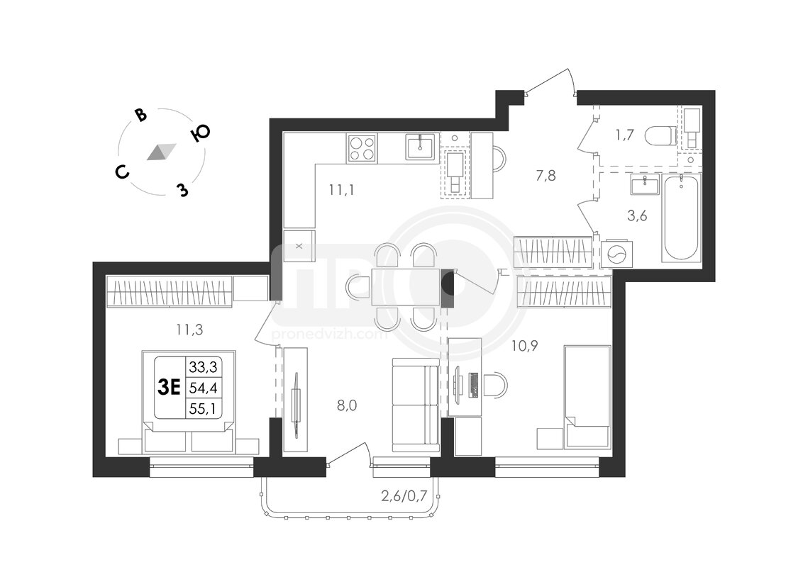 2-комнатная квартира, 39.8кв.м