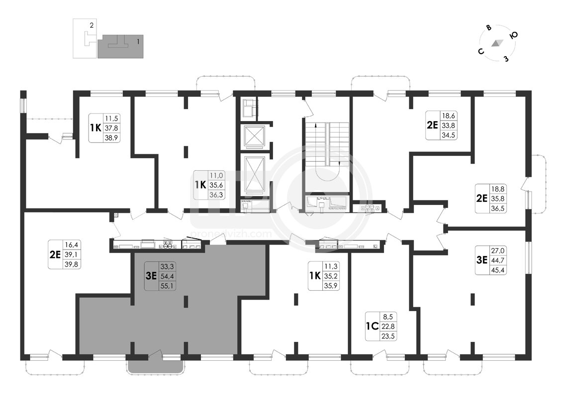 2-комнатная квартира, 39.8кв.м
